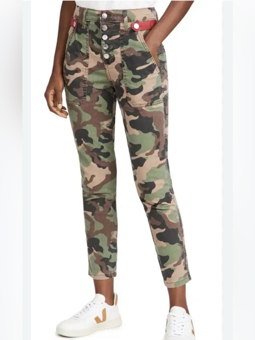 Veronica Beard Kane Camo Utility Pants Size 25 High Rise Button Fly Tapered Leg